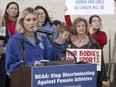 Former University of Kentucky swimmer Riley Gaines speaks at the “Tell the NCAA: Stop Discriminating Against Female Athletes” rally in 2023.