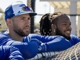 Toronto Blue Jays George Springer and Vladimir Guerrero Jr. watch batting practice.