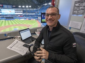 Former Toronto Blue Jays announcer Ben Wagner sits in the broadcast booth in 2022.