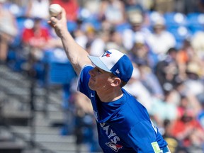 Toronto Blue Jays Chris Bassitt pitches during third inning Spring Training action against the Pittsburgh Pirates.