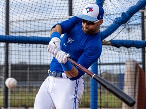 Toronto Blue Jays' Kevin Kiermaier hits batting practice during Spring Training.