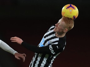 Newcastle United's Matty Longstaff battles for a ball during Premier League action in 2021.