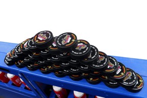 A view of game pucks during the NHL all-star game on Feb. 3, 2024 in Toronto. BRUCE BENNETT/GETTY IMAGES