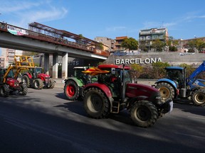 Farmers drive their tractors during a protest over farmers conditions ans European agricultural policy on the highway, north of Barcelona, on February 7, 2024. (Photo by PAU BARRENA/AFP via Getty Images)