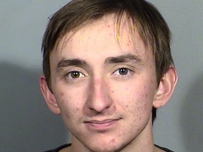 In this handout photo provided by the Las Vegas Metropolitan Police Department, 24-year-old Maison Des Champs poses for his booking photo on Feb. 7, 2024 in Las Vegas, Nevada.