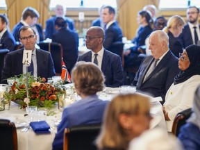 (From L to R) Norway's Foreign Minister Espen Barth Eide, Tanzania's Foreign Minister January Makamba, King Harald V of Norway, and the President of the Republic of Tanzania Samia Suluhu Hassan have lunch with members of the Norwegian government, on February 24, 2024 in Oslo, Norway. (Photo by CORNELIUS POPPE/NTB/AFP via Getty Images)
