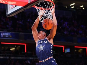 Scottie Barnes of the Toronto Raptors and Eastern Conference All-Stars dunks the ball.