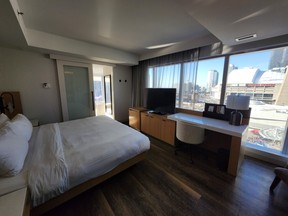 The corner king room at the Delta looks out at CN Tower and Rogers Centre and includes a soaker tub. SARA SHANTZ PHOTO