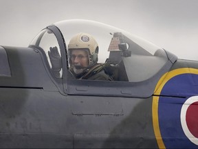 102-year-old Jack Hemmings AFC flies a Spitfire plane to mark 80th anniversary of the military charity Mission Aviation Fellowship (MAF) after taking off from iconic Heritage Hanger at London Biggin Hill, England, Monday, Feb. 5, 2024.