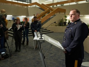 Insp. Tim Arseneault, operations officer, RCMP major crime services speaks to the media about an ongoing investigation in Winnipeg on Sunday, Feb. 11, 2024.