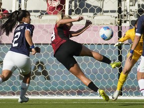 Canada forward Adriana Leon scores a goal.