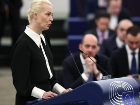 Yulia Navalnaya, widow of Kremlin opposition leader Alexei Navalny who died on February 16 in a Russian prison, addresses the European Parliament in Strasbourg, eastern France, on February 28, 2024. (Photo by FREDERICK FLORIN/AFP via Getty Images)