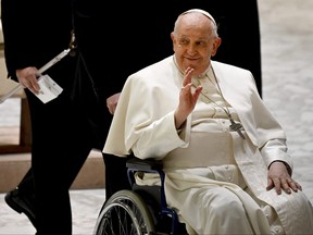 Pope Francis arrives for the weekly general audience on February 28, 2024 at Paul-VI hall in The Vatican.
