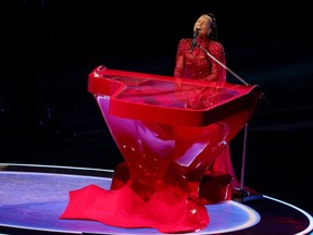 Alicia Keys performs onstage during the Apple Music Super Bowl LVIII Halftime Show at Allegiant Stadium in Las Vegas, Feb. 11, 2024.