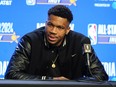 Milwaukee Bucks forward Giannis Antetokounmpo answers a question during media day the NBA All-Star basketball game in Indianapolis, Saturday, Feb. 17, 2024.