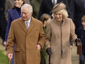 King Charles III and Queen Camilla arrive to attend the Christmas day service at St. Mary Magdalene Church in Sandringham in Norfolk, England on Dec. 25, 2023.