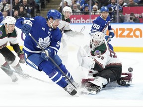 Maple Leafs' Auston Matthews shoots on Arizona Coyotes goaltender Connor Ingram during the second period in Toronto, on Thursday, Feb. 29, 2024.