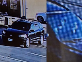 Two images side by side of a black SUV