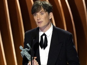Cillian Murphy accepts the award for outstanding performance by a male actor in a leading role for "Oppenheimer" during the 30th annual Screen Actors Guild Awards at the Shrine Auditorium in Los Angeles, Saturday, Feb. 24, 2024.