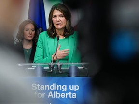 Alberta Premier Danielle Smith addresses a news conference in Ottawa on Monday, Feb. 5, 2024.