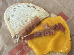 A grilled cheese sandwich with bacon from Tim Hortons.