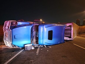 An image from the OPP of a transport truck rollover on Hwy. 427 on Tuesday, Feb. 13, 2024.