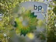 Logo of the multi-national oil and gas company BP (British Petroleum) at a petrol station in Tonbridge, south east of London.