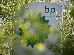 Logo of the multi-national oil and gas company BP (British Petroleum) at a petrol station in Tonbridge, south east of London.