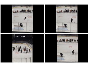 Clockwise from top left: London Knights coach Dale Hunter winds up for a shootout slap shot; He rips it into the top corner; he turns back toward his cheering skaters; they celebrate with the 63-year-old. Screengrabs
