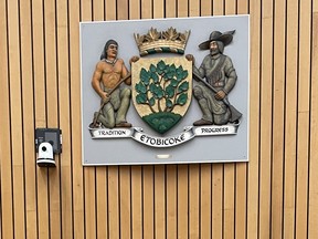 A plaque featuring the Etobicoke coat of arms, where it hung until recently at the Etobicoke civic centre