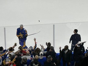Maple Leafs superstar and Team Matthews captain Auston Matthews flips a puck over the glass to fans during pre-game warmups at the NHL all-star game at Scotiabank Arena in Toronto. IAN SHANTZ/TORONTO SUN