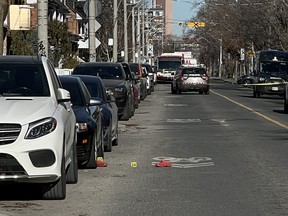 Toronto Police evidence markers at the scene of a fatal shooting near Landsdowne and Whytock Aves. on Tuesday, Feb. 6, 2024.