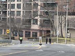 Toronto Police at the scene of a double fatal shooting on Hickory Tree Rd. on Tuesday, Feb. 27, 2024.