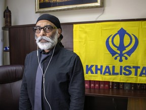 Sikh separatist leader Gurpatwant Singh Pannun is pictured in his office in New York on Wednesday, Nov. 29, 2023.