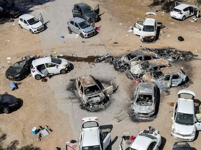 Aerial view of abandoned and torched vehicles