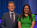 Jeopardy! host Ken Jennings and Juveria Zaheer of Whitby.