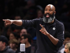 Brooklyn Nets head coach Jacque Vaughn instructs his players against the Detroit Pistons during the second half of an NBA basketball game, Saturday, Dec. 23, 2023, in New York.