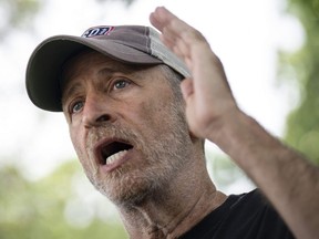 Comedian Jon Stewart speaks to the press before a news conference about the Honoring Our Promise to Address Comprehensive Toxics (PACT) Act on Capitol Hill in Washington, D.C., July 28, 2022.