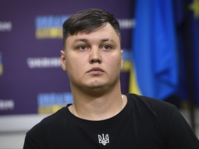 In this photo taken Sept. 5, 2023 Russian defector Maksim Kuzminov attends a press conference in Kyiv, Ukraine.