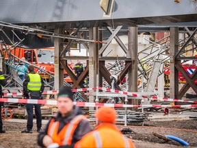 A photo shows a part of a bridge under construction in Lochem, that has collapsed, on Feb. 21, 2024.