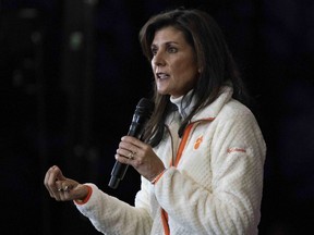 Republican presidential candidate and former UN Ambassador Nikki Haley speaks at a campaign event at The Madren Conference Center Owen Pavillion in Clemson, South Carolina, Tuesday, Feb. 20, 2024.