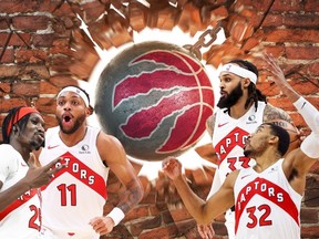 Raptors players in front of a wrecking ball with the team logo. Who will be traded at the deadline?