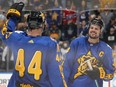 Morgan Rielly, left, of the Maple Leafs celebrates with teammate Auston Matthews during the NHL All-Star Game final between Team Matthews and Team McDavid at Scotiabank Arena in Toronto, Saturday, Feb. 3, 2024.