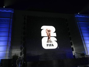 The logo for the 2026 World Cup is shown on a screen outside Griffith Observatory in Los Angeles on Wednesday, May 17, 2023.
