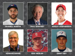 The Canadian Baseball Hall of Fame's 2024 inductees include, clockwise from top left, Russell Martin, Paul Godfrey, Ashley Stephenson, Jimmy Key, Rod Heisler and Howard Birnie.