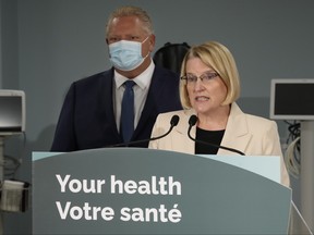 Ontario Health Minister Sylvia Jones makes an announcement on health care with Premier Doug Ford in Toronto, Monday, Jan. 16, 2023.