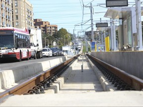A section of the Eglinton Crosstown LRT line at Sloane Ave. and Bermondsey Rd. is seen on Sept. 27, 2023.