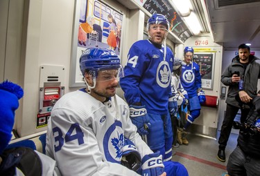 Toronto Maple Leafs Auston Matthews and Morgan Rielly join their teammates on the subway.
