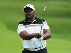 Former NFL star Bo Jackson watches a shot during the pro-am prior to the start of the 2017 KPMG Women's PGA Championship at Olympia Fields Country Club on June 27, 2017 in Olympia Fields, Ill.