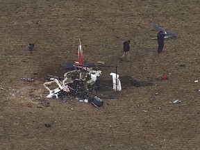 This image from video provided by KOCO shows the scene of a helicopter crash in western Oklahoma on Jan. 20, 2024. A dead goose was found in part of the flight control system of a medical helicopter that crashed in western Oklahoma, killing all three people on board, according to a preliminary report by the National Transportation Safety Board, Saturday, Feb. 3.(KOCO-5 via AP)